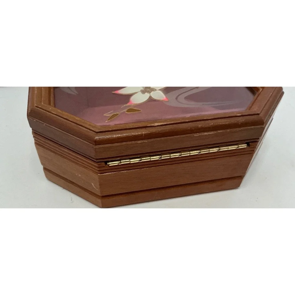Vintage Wooden Jewelry Box Etched Glass Floral Lid Octagonal Brown